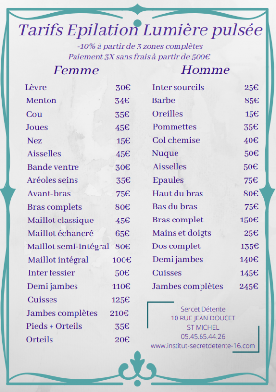 Tarifs épilation lumière pulsée